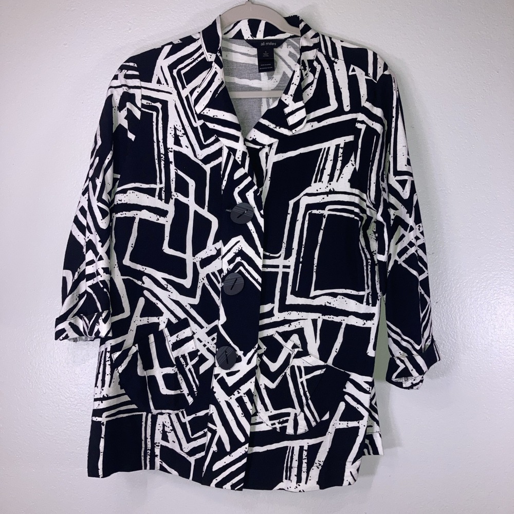 Ali Miles Jacket Womens S Swing Black White Artsy Geometric Button Front